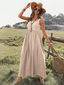 SHEIN LUNE 女式纯色宽肩带背心裙 - 杏色 - 查看 6