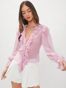 Enchnt Women's Patchwork Ruffle Hem Flare Sleeve Shirt
