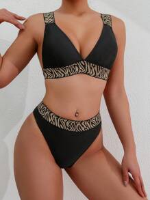 SHEIN Swim Conjunto de bikini de dos piezas con estampado de cebra para mujer, playa de verano