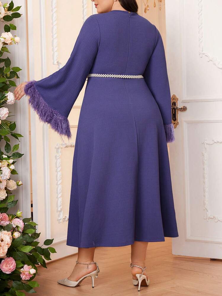 Plus Size Solid Color Round Neck Long Sleeve Splice Mermaid Dress Long Evening Dresses