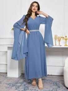Modelyn Solid Color Cape Sleeve Empire Waist Dress, Elegant Evening Party Maxi Modest Long Sleeve Dress - Blue - View 5