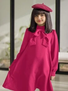 SHEIN Vestido para niñas preadolescentes con mangas largas estilo retro, cuello tejido con soporte, botones decorativos en la parte de atrás y línea A