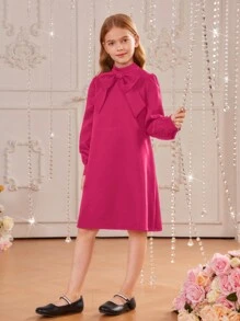 SHEIN Vestido para niñas preadolescentes con mangas largas estilo retro, cuello tejido con soporte, botones decorativos en la parte de atrás y línea A