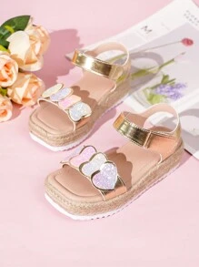 Cute Square Toe Thick-Soled & Straw Rope Fashionable Heart Decor Girls' Sandals - Multicolor - View 2