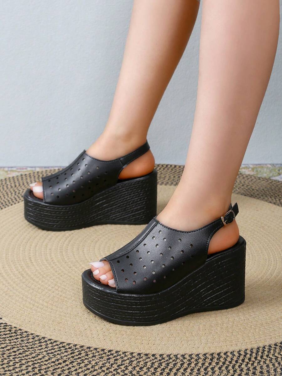 女士凉鞋開口露趾,中空皮革材質,坡跟和厚底高跟平台夏季拖鞋 - 黑色 - 查看 1