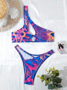 SHEIN Swim Women's One-Shoulder Cut-Out Sleeveless Bikini Set With Marble Print Summer Beach - Multicolor - View 3