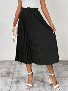 SHEIN Clasi 純色休閒高腰百褶裙 - 黑色 - 查看 3