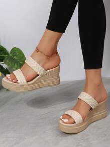 Sandalias Tejidas De Moda Para Mujeres Con Plataforma Gruesa, Tacones De Cuña Y Tacones Altos Para Uso Casual - Beis - Ver 6