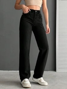 EURMUSE Jeans Rectos De Color Sólido Para Mujeres - Negro - Ver 5