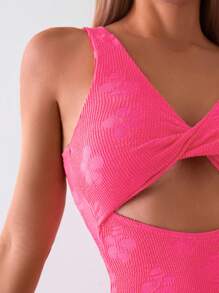 SHEIN Swim Floral Jacquard Hollow Out One Piece Swimsuit Summer - Hot Pink - View 7