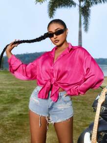 Zolique Camisa De Mangas Largas Para Mujeres Con Lazo Frontal En Color Sólido - Rosa Fucsia - Ver 6