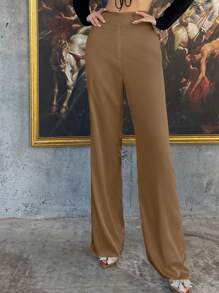 SHEIN Privé Women's Solid Color Straight Leg Pants - Khaki - View 4