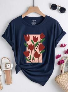 SHEIN Essnce 女士花卉印花圓領短袖t恤 - 藏蓝色 - 查看 1
