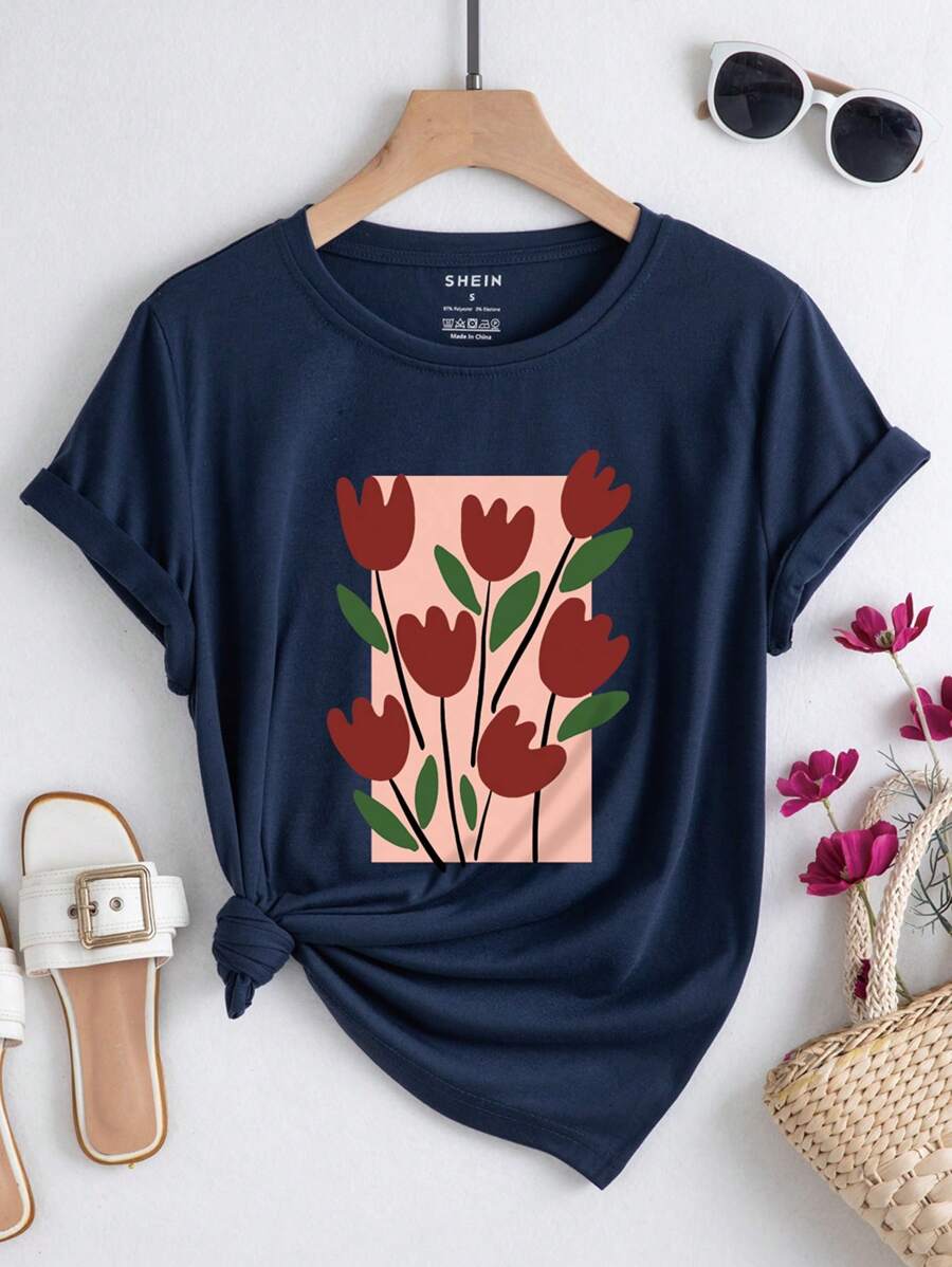 SHEIN Essnce 女士花卉印花圓領短袖t恤 - 藏蓝色 - 查看 1