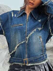 SHEIN X SAMADHI SHEIN ICON Women's Y2k Style Frayed Edge Denim Jacket - Blue - View 4