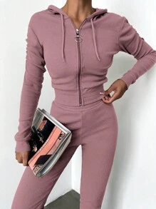 EURMUSE Women's Solid Color Hoodie And Pants Set - Dusty Pink - View 5