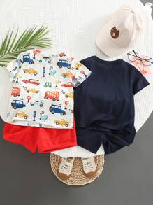 SHEIN 4 Stücke/set Junge Jungen Niedliche Transport-druck Kurzarm-t-shirts Und Shorts Outfits, Leicht, Atmungsaktiv, Bequem, All-match, Geeignet Für Sommer