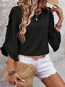 SHEIN LUNE 純色荷葉邊裝飾休閒襯衫 - 黑色 - 查看 3