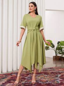 Modelyn Women's Solid Color Plain & Simple Pearl Decorated Cuff Long Dress - Green - View 4
