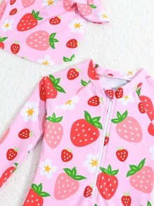 SHEIN Baby Girl One Piece Swimsuit With Flower & Strawberry Print, Including Hat - Multicolor - View 5