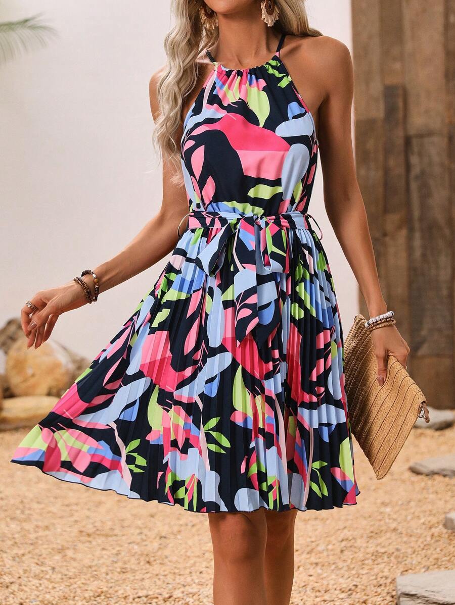 Breezaya Random Printed Halter Neck Pleated Dress - Multicolor - View 1