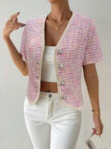 Chiquease Women's Short Sleeve Jacket With Asymmetric Hem, Single-Breasted Closure, Woven Tape Design - Pink - View 5