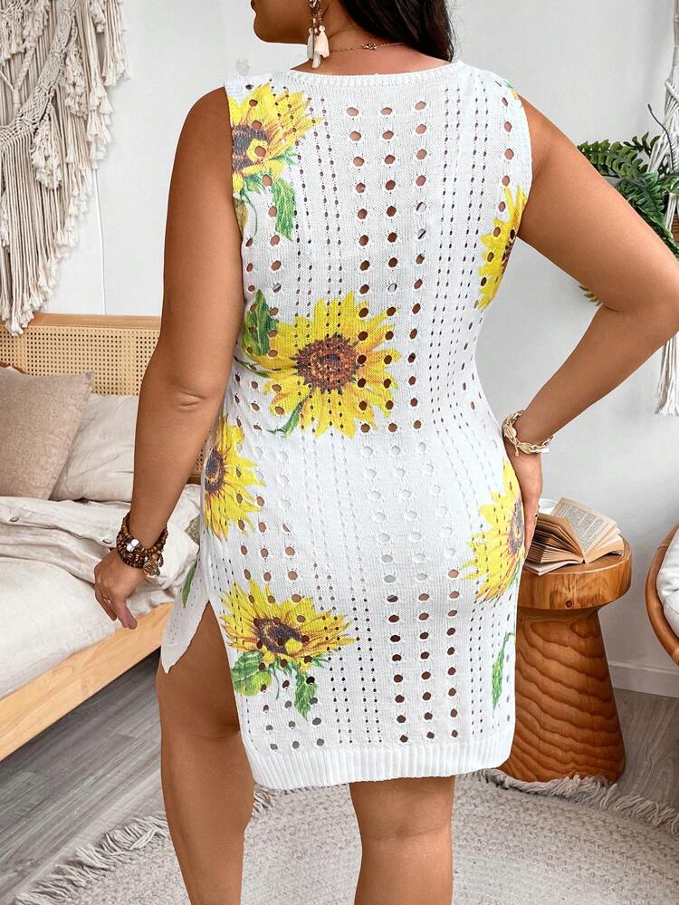 Plus Size Sunflower Pattern Hollow Out Knitted Side Split Sweater Dress