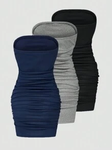 Chiquease 3pcs/Set Women's Tube Top Bodycon Dress With Ribbed Dress Set - Multicolor - View 2