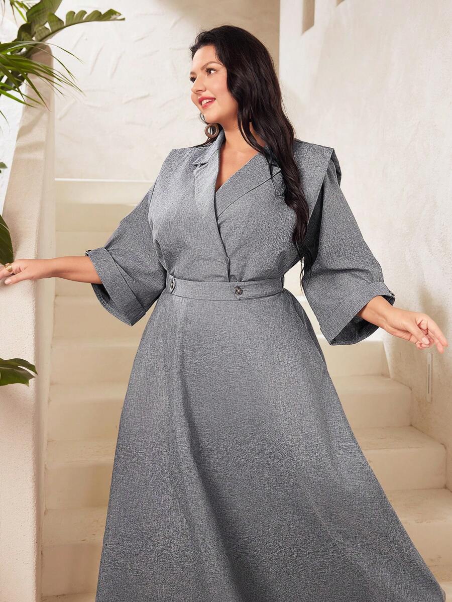 Modelyn 大尺碼翻領袖口袋襯衫+長褲兩件套