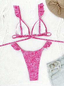 SHEIN Swim Summer Beach Women's Floral Printed Patchwork Ruffle Hem Halter Neck Bikini Set - Hot Pink - View 4