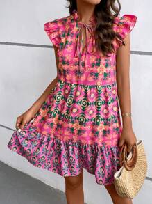 SHEIN LUNE Printed & Patchwork Mini Flutter Sleeve Dress With Neck Tie - Multicolor - View 4