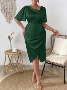 SHEIN Clasi Rochie de damă de mărime mare simplă, cu gât cu volane, cu tiv - Verde inchis - Vizualizare 3