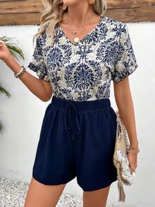 SHEIN LUNE Bộ đồ hai mảnh áo sơ mi in họa tiết và quần short màu trơn cho nữ - Màu xanh lam - Xem 6