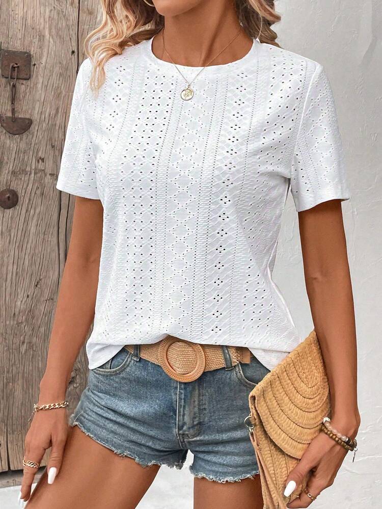 Hollow Out Embroidery Round Neck Short Sleeve T-Shirt