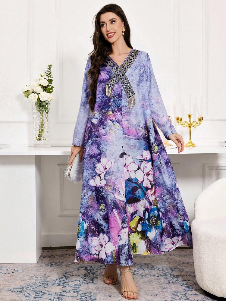 Full Printed Glitter V-Neck Long Sleeve Arabian Dress