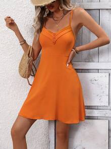 SHEIN LUNE 女士純色百褶吊帶裙 - 橘色 - 查看 4