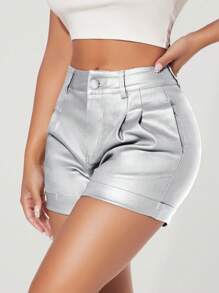 SHEIN PETITE 女性夏季時尚金屬皺褶捲邊修身短褲 - 銀色 - 查看 1