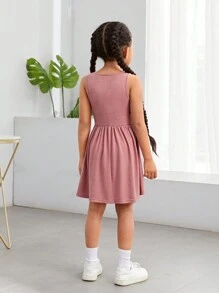 SHEIN Young Girl Daily Outfit Sweet Solid Knit Sleeveless Dress For Spring And Summer - Pink - View 2