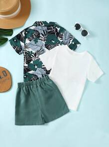 SHEIN Young Boy Tropical Print Shirt & Shorts With Tee