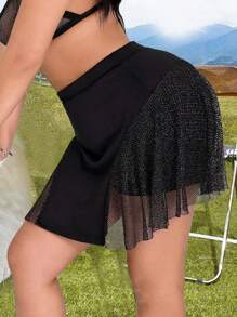 Flirla Plus Size Elastic Waist Mesh Skorts With Patchwork Design