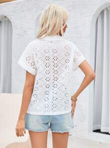 Aveloria Solid Color Cutout Design Embroidered Short Sleeve Shirt - White - View 2