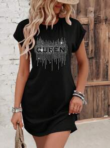 INAWLY Women's Letter Print Dress With Hidden Pockets - Black - View 1