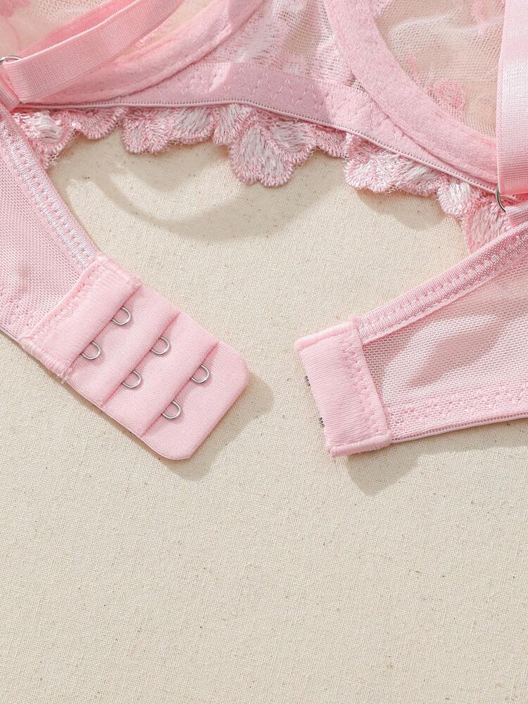 Women's Feather Embroidery Contrast Mesh Sheer Sexy Lingerie Set