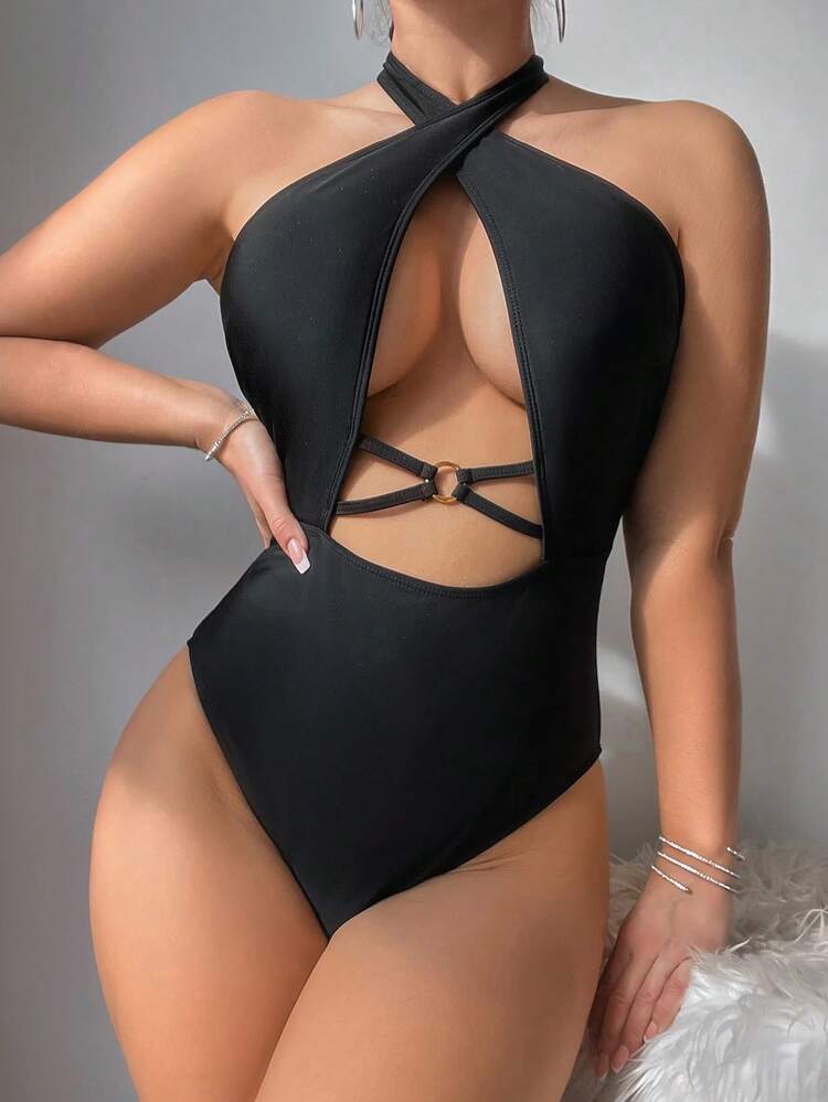 Women's Solid Color Hollow Out Cross Halter Neck One-Piece Swimsuit Summer