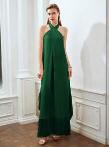 MOTF X Nour PREMIUM SOLID FRINGE HEM CRISSCROSS HALTER DRESS - Green - View 6