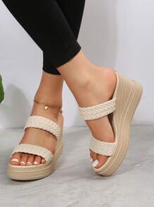 Sandalias Tejidas De Moda Para Mujeres Con Plataforma Gruesa, Tacones De Cuña Y Tacones Altos Para Uso Casual - Beis - Ver 2