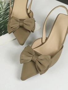 卡其色尖头蝴蝶结装饰舒适女士一脚蹬平底鞋，时尚日常穿着 - 卡其色 - 查看 7