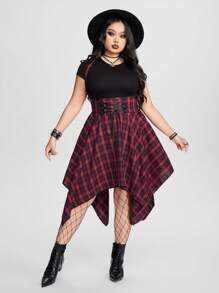 ROMWE Grunge Punk Plus Size Women's Plaid Crisscross Tie Asymmetrical Hem Overall Dress, School Fall - Red - View 1