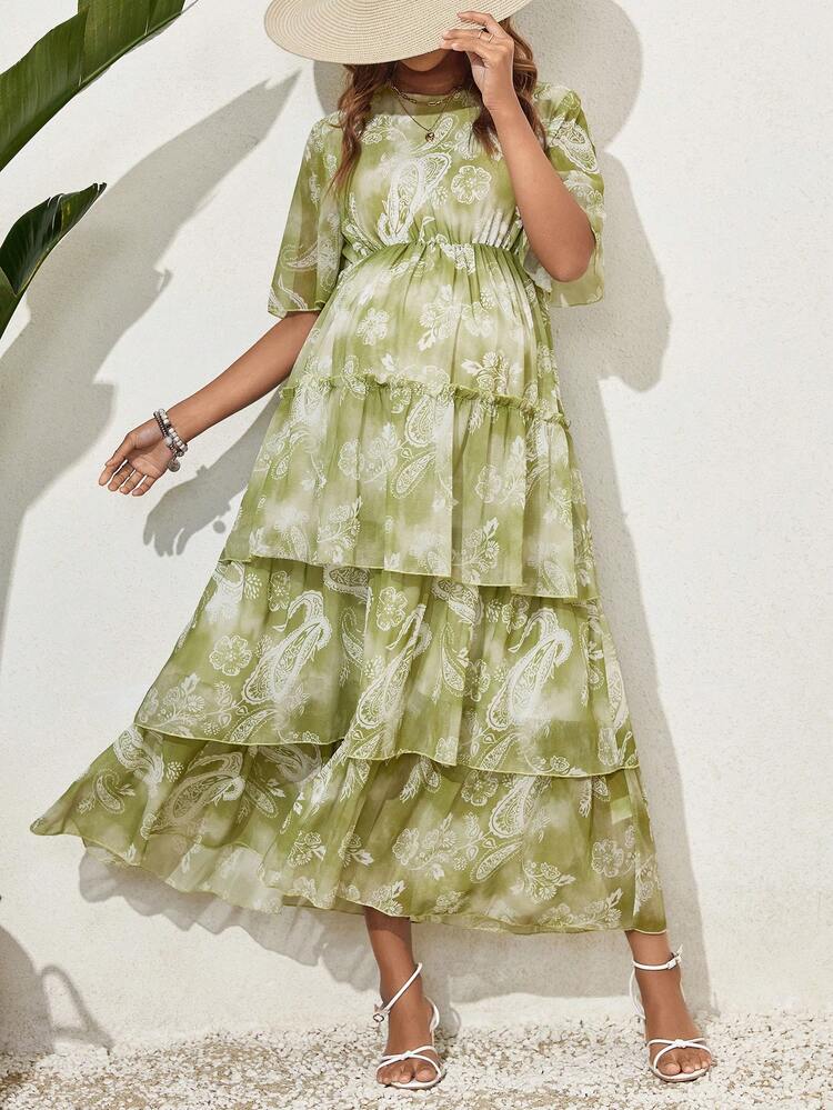 Maternity Paisley Print Multi-Layer Ruffle Hem Dress