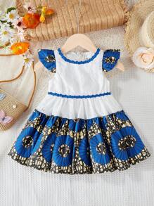 SHEIN Đứa bé gái Khối màu Họa tiết Hình học Đầm - Xanh đậm - Xem 1